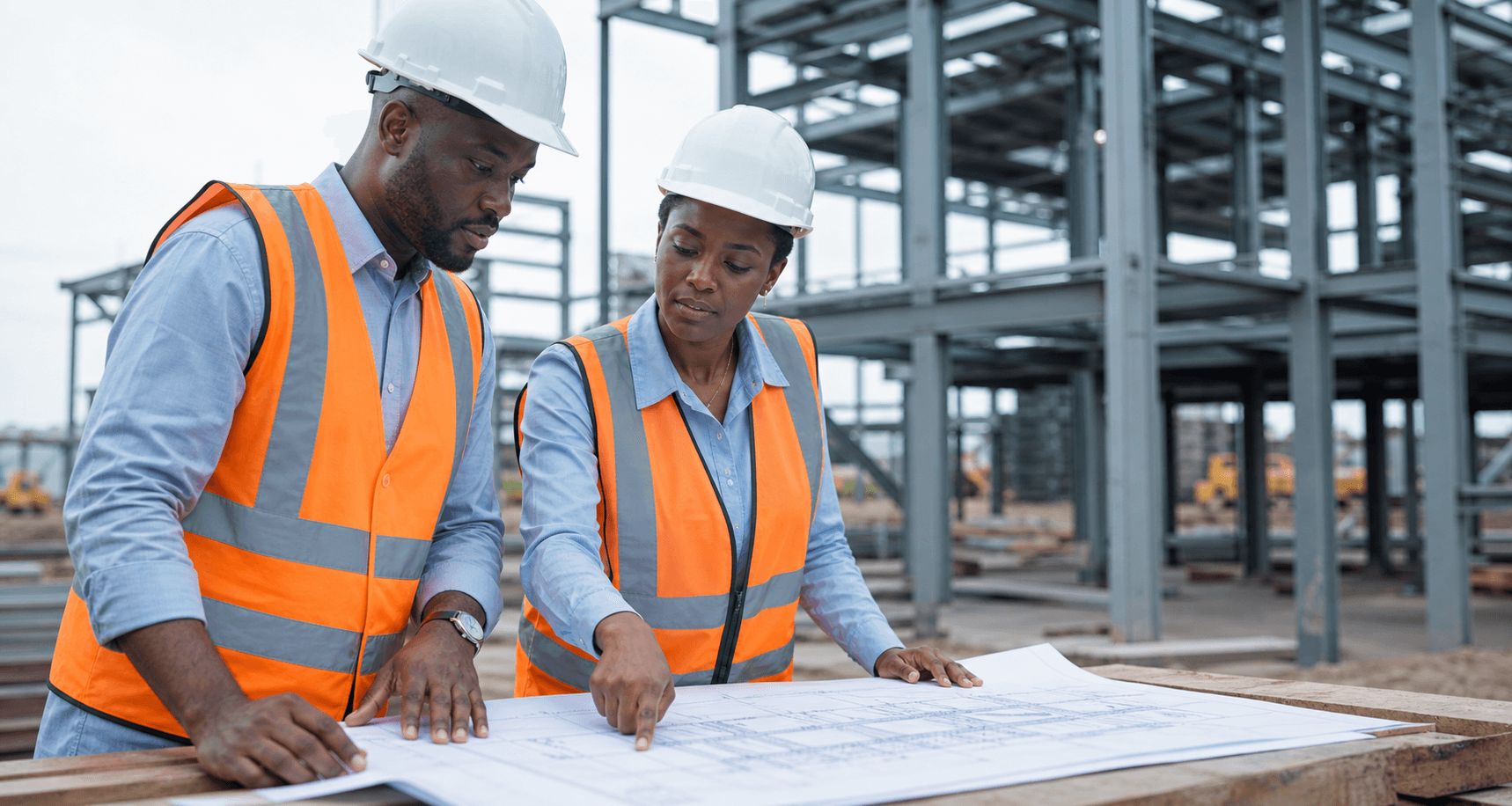Structural professionals reviewing project drawings at a steel construction site